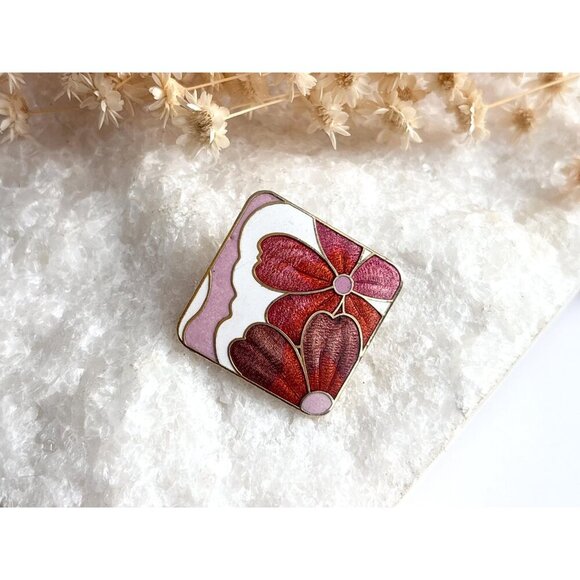 Enameled Pink & Orange Gold Toned Floral Vintage Costume Jewelry Brooch - Picture 2 of 8